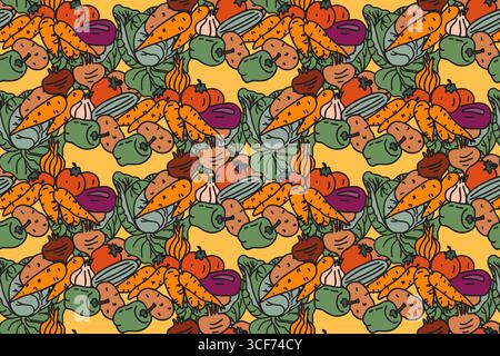 Botanical colorful vegetables seamless pattern vector illustration. Repeating cartoon different veggies with Cabbage Carrot Pepper Onion Potato Tomato Stock Vector