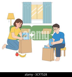 A couple unpacks groceries from delivery bags at home, organizing items like snacks and bottles. Stock Vector