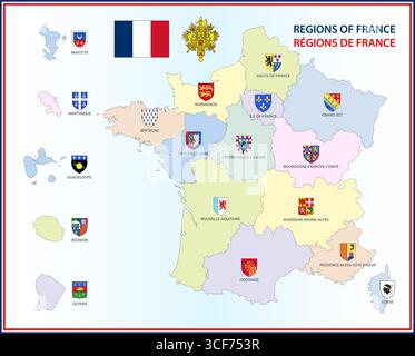 France, map of regions and overseas territories with coat of arms, vector illustration Stock Vector