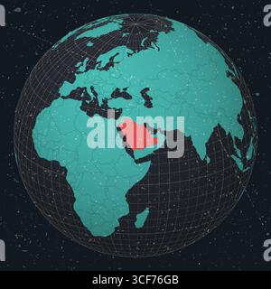 Saudi Arabia on Globe. Vintage look with grunge scratched texture. Country view on world map in Dark Charcoal Turquoise color palette. Stock Vector