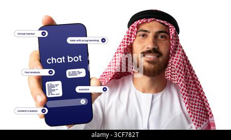 Man in traditional attire displays smartphone showcasing chatbot features for programming assistance and content creation Stock Photo