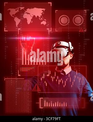 Virtual reality user interacts with data visualization and analytical graphs in a modern workspace environment Stock Photo