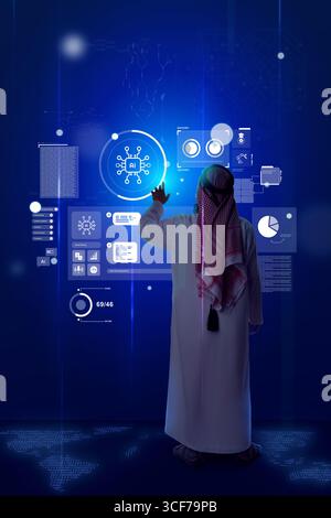 Man interacts with digital interface displaying data analysis and artificial intelligence visuals in a futuristic environment Stock Photo