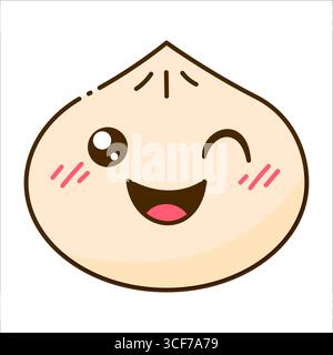 Cute Baozi Character with Happy Smiling Face Winking Isolated on White. Traditional Chinese Dumpling Outline Character Illustration Stock Vector