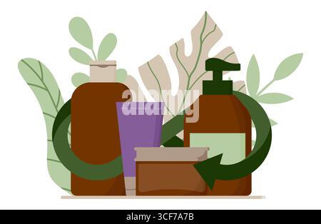 Cosmetic containers with recycle arrows and leaves isolated on white. Sustainable skincare concept with refill and reusable packaging Stock Vector