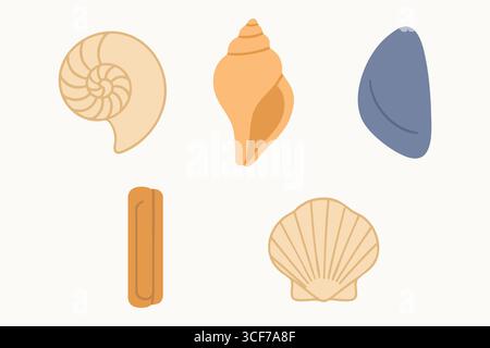 Simple beach themed pieces showing whelk shapes small clams and fan scallops rendered in muted peach and blue gray. Stock Vector