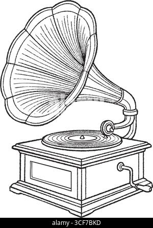Antique music player depicted with a flared acoustic horn crank handle and boxed base drawn in rich lines. Stock Vector