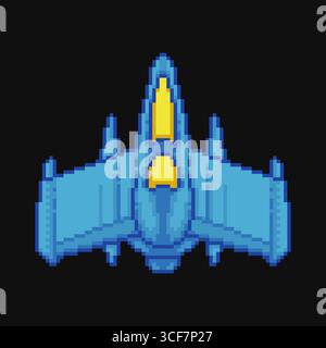 Pixel art blue spaceship video game asset. 8-bit style starship vector isolated on black. Stock Vector