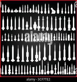 A collection of white missile silhouettes arranged in rows on a black background with red border Stock Vector