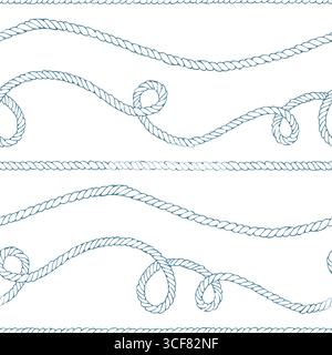 Long horizontal ropes with loose coils and knots, airy spacing on white. Hand-drawn ink line art illustration. Seamless pattern for wrapping tissue Stock Vector