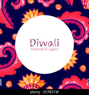 Festive Diwali card template featuring abstract floral patterns in vibrant pink and orange on a deep blue background. A large white circle offers clea Stock Vector