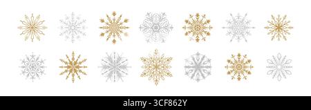Set of gold and silver snow flakes. Winter golden background. Star shape, mandala, snowflake linear vector illustration. Happy New year and Merry Chri Stock Vector