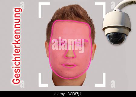 Bavaria, Germany - August 21, 2025: Photo montage, a surveillance camera analyzes a face using facial recognition technology. The image symbolizes the use of biometric technologies, government control, and questions about data protection. *** Fotomontage, Eine Überwachungskamera analysiert per Gesichtserkennung ein Gesicht. Das Bild symbolisiert den Einsatz biometrischer Technologien, staatliche Kontrolle und Fragen zum Datenschutz. Stock Photo