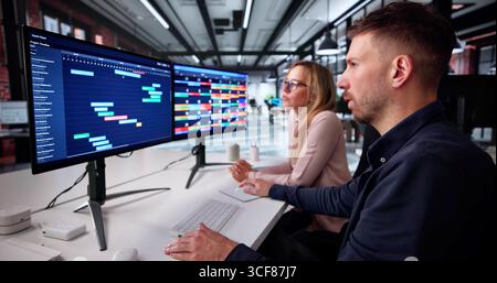 Business Team Brainstorms Project Strategy On Office Computer Together. Company Analyst. Coworkers Collaborate Stock Photo
