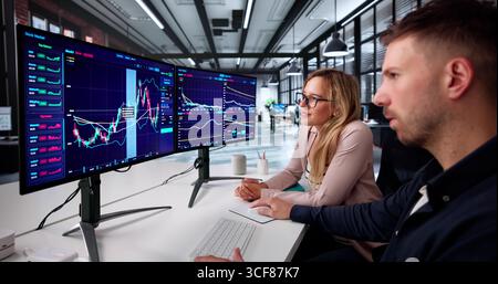 Female Stock Market Broker Analyzing Trading Charts On Computer Screen. Stock Photo