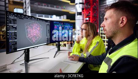 Industrial Engineer And Young Woman Control SCADA Panel Using PC Stock Photo