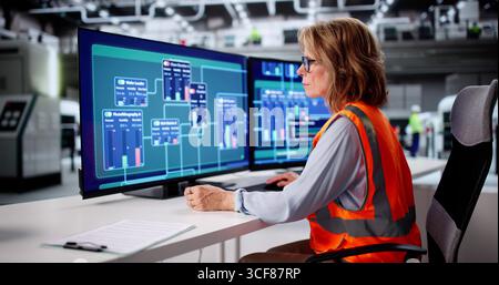 Woman Overseeing Factory Operations Using Advanced Computer Technology For Efficiency Stock Photo