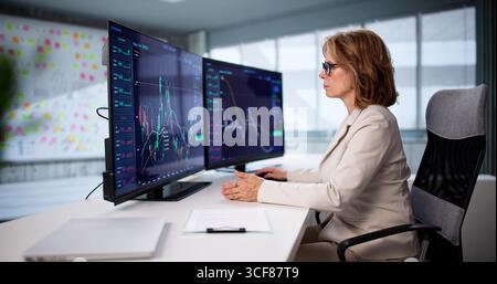 Elderly Woman Analyzing Stock Data On Computer In Modern Office. Stock Photo