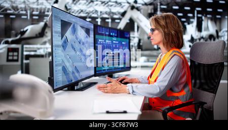 Senior Woman Using CAD Software To Design 3D Industrial Plant. Stock Photo