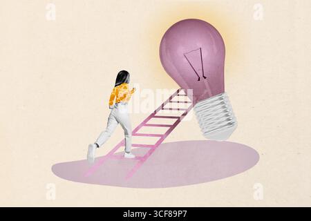 Pop trend collage of woman stand run ladder to light bulb on yellow background Stock Photo