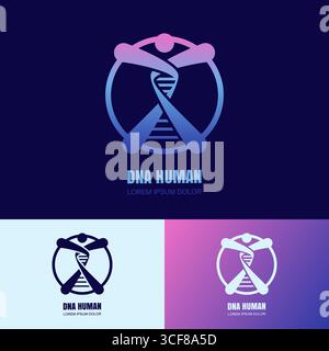 DNA helix human logo sign emblem design template. Abstract medical biotech vector illustration. Concept for healthcare, wellness, genetic research, la Stock Vector