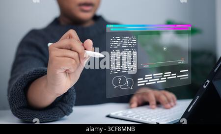 Modern education and online communication. Person using a digital pen with a tablet, interacting with a futuristic interface featuring video player an Stock Photo
