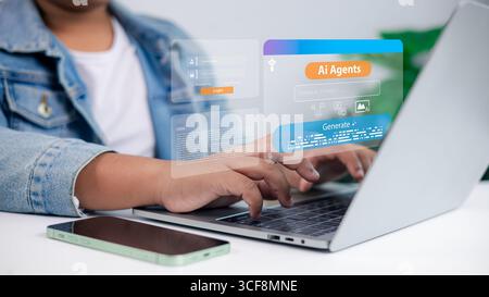 Artificial intelligence, innovation, futuristic technology, digital assistant, business and data processing concept. Person typing on laptop with holo Stock Photo
