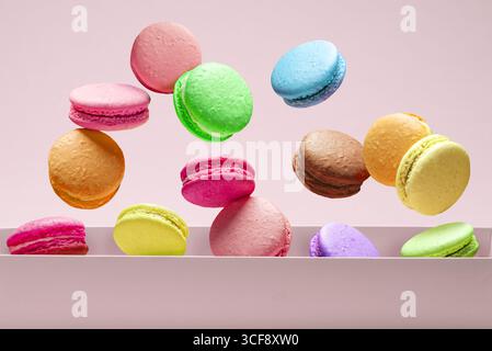 Colorful french macarons falling down into the box isolated on pink background. Stock Photo