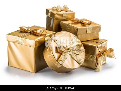 Golden gift boxes on white background. Symbol of happiness and holidays. File contains clipping path. Stock Photo