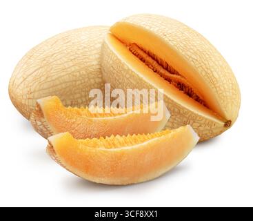 White oval melon and melon slice isolated on white background. File contains clipping path. Stock Photo