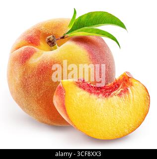 Ripe red peach with juicy peach slice isolated on white background. File contains clipping path. Stock Photo