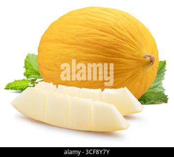 Canary yellow melon and melon slices isolated on white background. File contains clipping path. Stock Photo