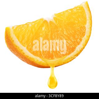 Slice of ​​orange fruit and orange juice dripping from it on a white background. File includes clipping path. Stock Photo