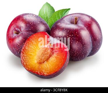 Ripe chinese plums with green leaf isolated on white background. File contains clipping paths. Stock Photo