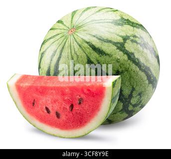 Round striped watermelon and watermelon slice isolated on white background. Clipping path. Stock Photo