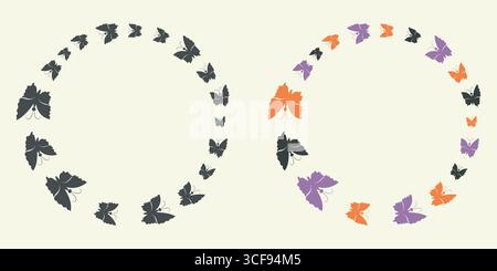 Butterfly circle frame set, hand drawn icon, black colour, Halloween color palette, flat design. kid cartoon style, vector illustration for web card Stock Vector