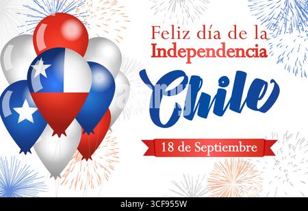 Happy Independence Day Chile Spanish greeting card. Social media banner. Internet poster. Blogging post. Holiday backdrop with 3D balloons Stock Vector