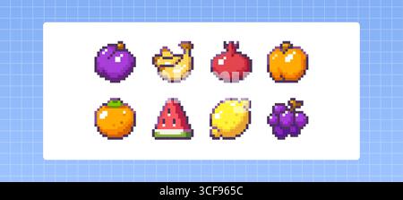 Pixel art fruit set - retro 8 bit style plum and persimmon, grapes and apricot, watermelon slice with lemon, banana bunch, pomegranate icons. Colorful digital gaming food for mobile apps, indie games Stock Vector