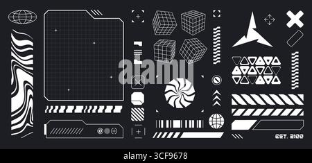 Cyberpunk HUD design elements in white on black - futuristic interface kit with grid wireframes, geometric shapes, digital patterns and tech symbols. Sci fi UI components. Data bars for game screens. Stock Vector