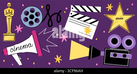 Cinema doodle collection - movie film reel, clapperboard and golden star, award statuette, vintage camera projector, retro loudspeaker. Entertainment industry icons for movie night Stock Vector