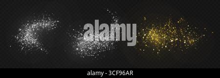 Glowing dust particles explosion with shimmer effect - bright white sparkles burst, golden powder clouds on black background for overlay design, magical light elements and luxury decoration graphics. Stock Vector