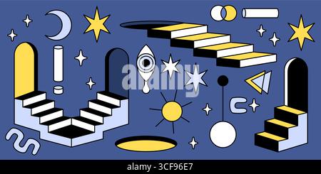 Surreal architectural elements with door portals, floating stairs, geometric arches, moon and stars, sun and eye with tear drop. Abstract line art for mystic interior design, dreamlike spaces frame Stock Vector