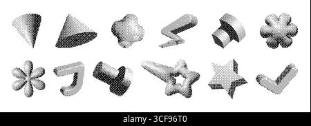 Y2k brutalism pixel shapes with halftone gradient effects for modern graphic design and digital art. Abstract geometric forms with dotted texture patterns. Retro futuristic elements for web or print. Stock Vector
