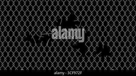 Chain link fence mesh pattern with torn metal texture and broken wire grid for urban industrial background. Damaged security barrier with holes and ripped sections. Black metallic fencing material. Stock Vector