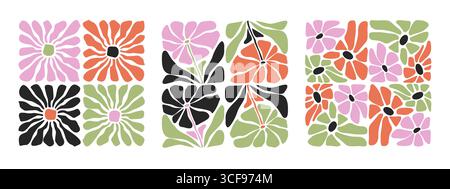Groovy floral patterns with Matisse cutout shapes and boho daisy blooms. Retro botanical elements for modern textile or wallpaper design. Abstract flowers with organic forms and vintage style. Stock Vector