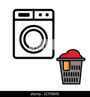 Simple icon of a washing machine and laundry basket filled with clothes, representing laundry day and household chores. Stock Vector