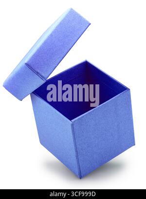 Open empty purple gift box and lid floating above a box isolated on white background. File contains clipping path. Stock Photo