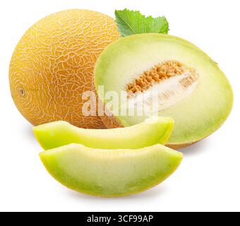 Galia melon and melon slices isolated on white background. File contains clipping path. Stock Photo
