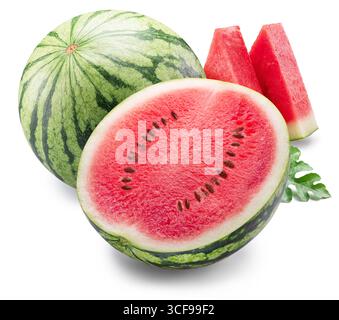 Round striped watermelon and watermelon slices isolated on white background. Clipping path. Stock Photo
