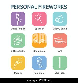 Fireworks with Independence Day Icon Set Stock Vector